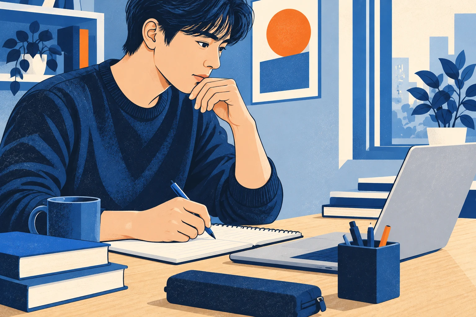 책과 학습 노트를 펼쳐 놓고 노트북과 함께 공부하는 학습자